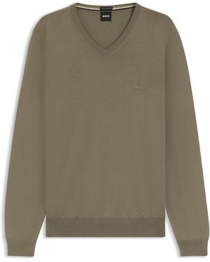 BOSS Pullover Aus Schurwolle Mit V-Ausschnitt Und Logo-Stickerei - Grün