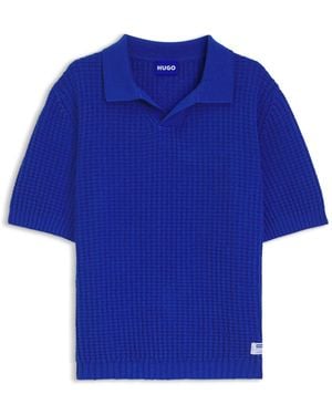 HUGO Waffle-Structure Knit Polo With Johnny Collar - Blue