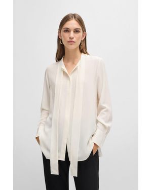 BOSS Regular-fit Blouse In Silk With Bow-tie Collar - Natural