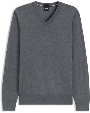 BOSS Pullover Aus Extrafeiner Merinowolle Mit V-Ausschnitt - Grau