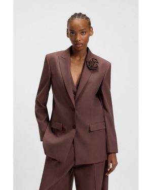 HUGO Relaxed-Fit Blazer With Flower Brooch - Brown