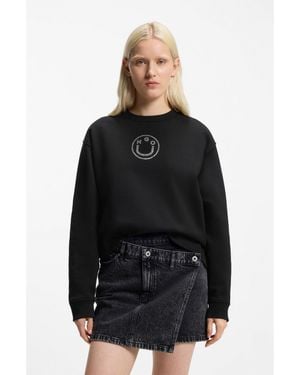 HUGO Cotton Sweatshirt With Rhinestone Happy Logo - Black