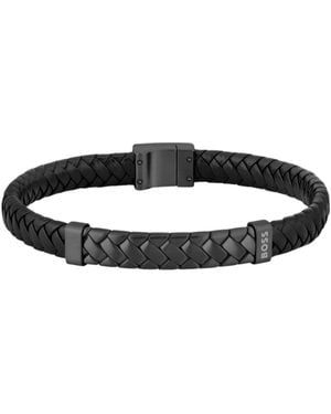 BOSS Braided-Leather Cuff With Herringbone Hardware - Black