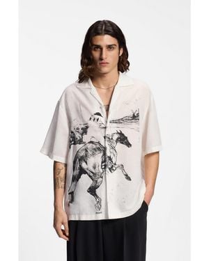 HUGO Oversized-Fit Shirt With Horse Racing Print - White