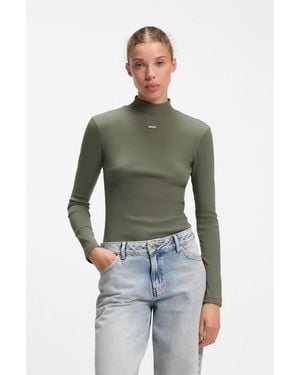 HUGO High-Neck Stretch-Cotton Top With Logo Badge - Green