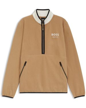 BOSS Equestrian Stretch-Cotton Sweatshirt With Quarter Zip - Natural