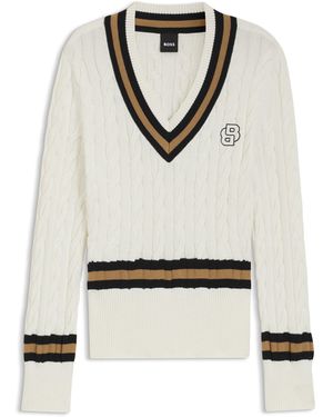 BOSS Equestrian Cotton Jumper With Cable-Knit Structure - White