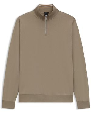 BOSS Cotton-Blend Sweatshirt With Zip Neck - Natural