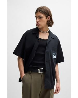 HUGO Oversized-Fit Shirt With Stacked-Logo Prints - Black