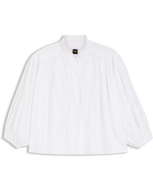 BOSS Relaxed-Fit Blouse Van Katoen Met Ballonmouwen - Wit