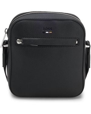 BOSS Grained Faux-Leather Reporter Bag With Signature-Stripe Trim - Black