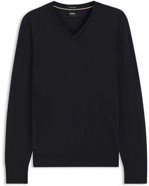 BOSS Pullover Aus Extrafeiner Merinowolle Mit V-Ausschnitt - Blau
