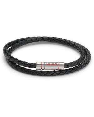 HUGO Double Braided-Leather Cuff With Logo Closure - Black
