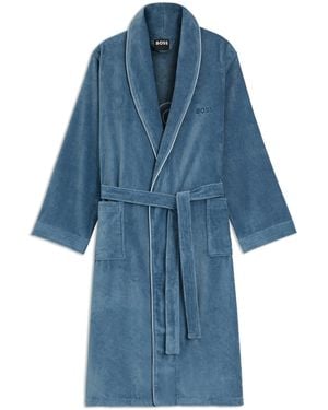 BOSS Cotton Dressing Gown With Piping And Embroidered Branding - Blue