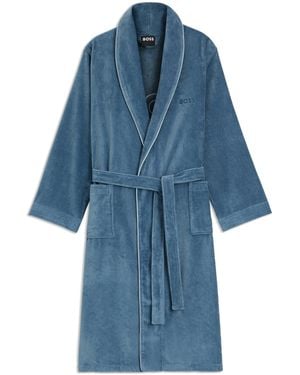 BOSS Cotton Dressing Gown With Piping And Embroidered Branding - Blue