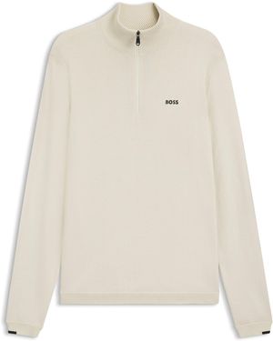 BOSS Pullover Aus Baumwolle Mit Troyerkragen Und Logo-Print - Natur
