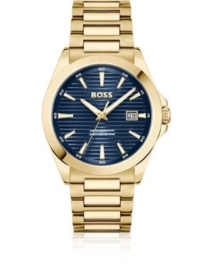 BOSS Goudkleurig Horloge Met Blauwe, Geribbelde Wijzerplaat - Metallic