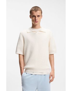 HUGO Waffle-Structure Knit Polo With Johnny Collar - White