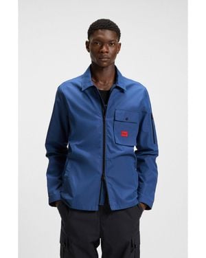 HUGO Zip-Up Cotton-Blend Canvas Overshirt With Logo Label - Blue