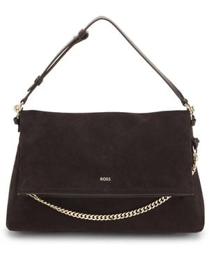 BOSS Faux-Suede Shoulder Bag With Fold-Over Design - Black