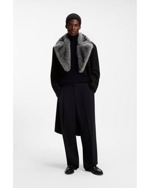 HUGO Double-Breasted Virgin Wool Coat With Faux-Fur Collar - Black