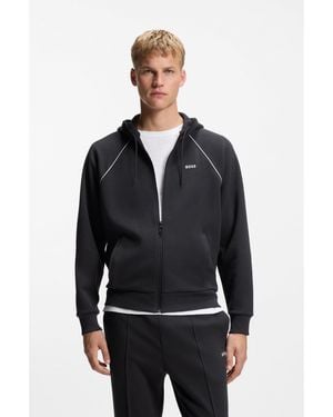 BOSS Cotton-Blend Zip-Up Hoodie With Piping Details - Black