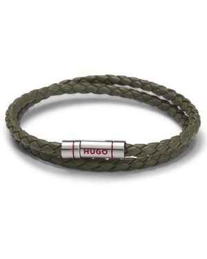 HUGO Double Braided-Leather Cuff With Logo Closure - Green
