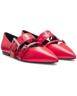 HUGO Nappa-Leather Ballerina Court Shoes With Buckled Straps - Red