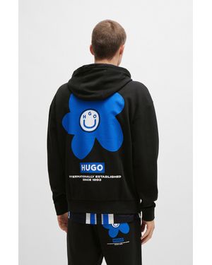 HUGO Cotton-terry Regular-fit Hoodie With Flower Artwork - Black