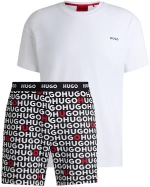 HUGO Pyjama Van Stretchkatoen Met Logoprints - Wit