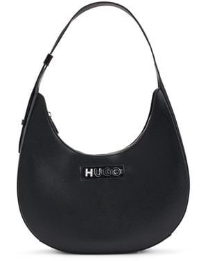 HUGO Faux-Leather Hobo Bag With Metallic Logo Lettering - Black