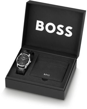 BOSS Textured-Dial Watch And Card Holder Gift Set - Black