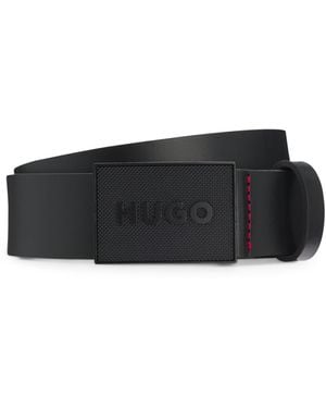 HUGO Italian-Leather Belt With Logo Plaque Buckle - Black