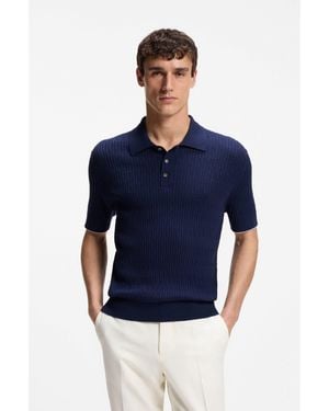 BOSS Cable-Knit Polo Jumper - Blue