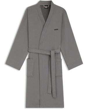 BOSS Cotton Dressing Gown With Signature-Stripe Belt - Grey