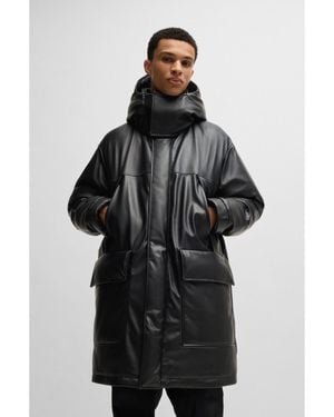 HUGO Faux-Leather Relaxed-Fit Coat With Logo Hood - Black