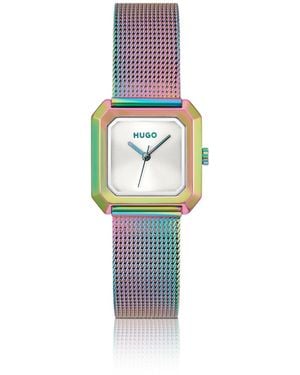 HUGO Hazel Iridescent Square Watch With Mesh Bracelet - White