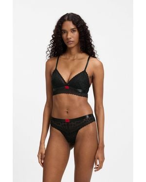 HUGO Leopard-Pattern Lace Thong With Logo Waistband - Black