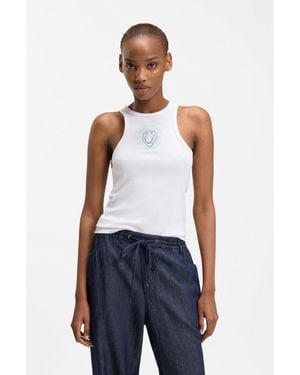 HUGO Ribbed-Cotton Tank Top With Logo Artwork - White