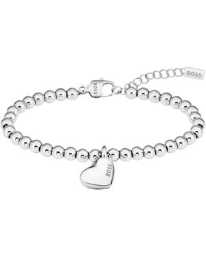BOSS Silver-tone Beaded Bracelet With Heart Charm Women's Jewelry - White