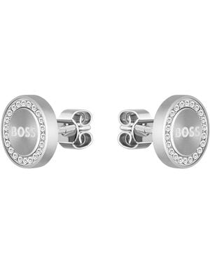 BOSS Crystal-Encrusted Stud Earrings With Logo - Metallic