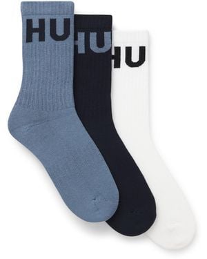 HUGO Three-Pack Of Ribbed Short Socks With Logos - Blue