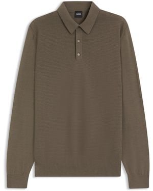 BOSS Polo En Maille De Laine Mélangée Avec Différentes Structures - Marron