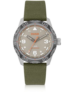 HUGO Grey-dial Watch With Green Fabric Strap Men's Watches
