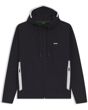 BOSS Zip-Up Cotton-Blend Hoodie With Contrast Trims - Blue