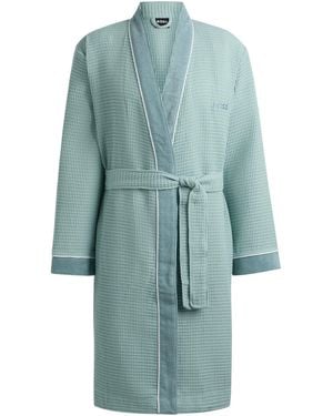 BOSS Honeycomb-Cotton Dressing Gown With Terry Contrasts - Blue