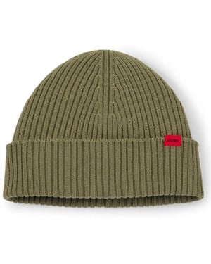 HUGO Virgin-Wool Beanie Hat With Logo Label - Green