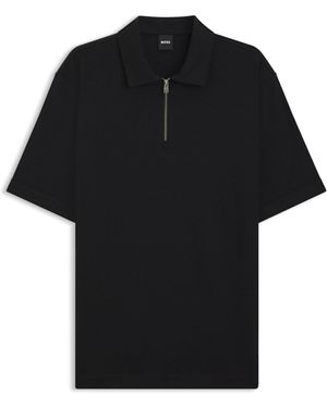 BOSS Zip-Neck Polo Shirt With Piqué Weave - Black