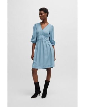 BOSS Puff-Sleeve Dress With Elasticated Waist - Blue