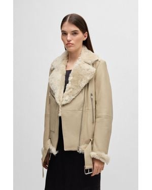 BOSS Leather Jacket With Sheepskin Trims - Natural